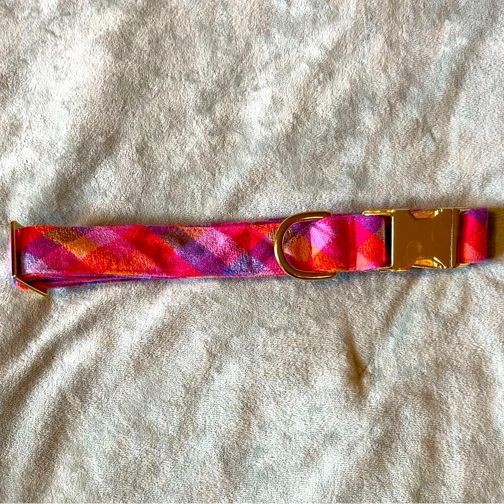 Vibrant Sunset Flannel Plaid Dog Collar with Gold Closure